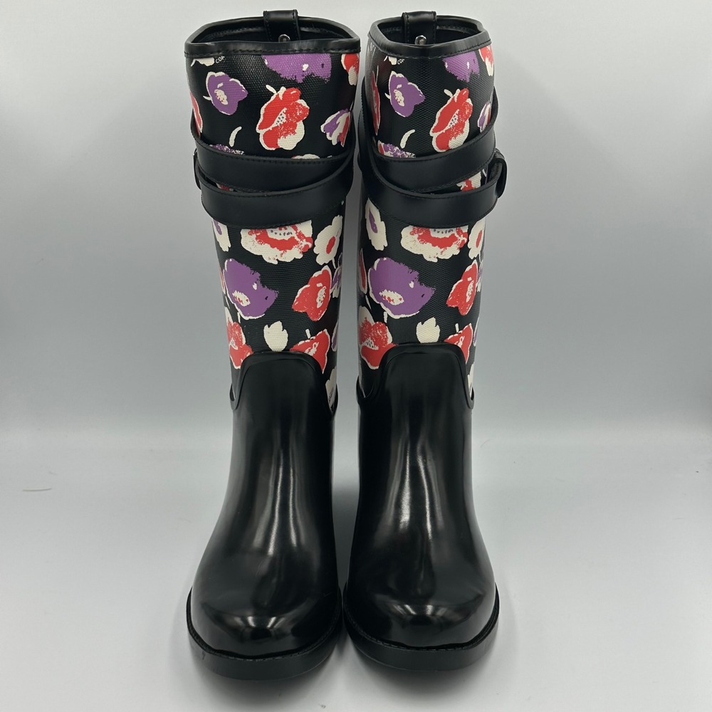 Coach Trisha II Print Rain Boots Black Floral Buckle Accent Size 7B - Picture 7 of 15